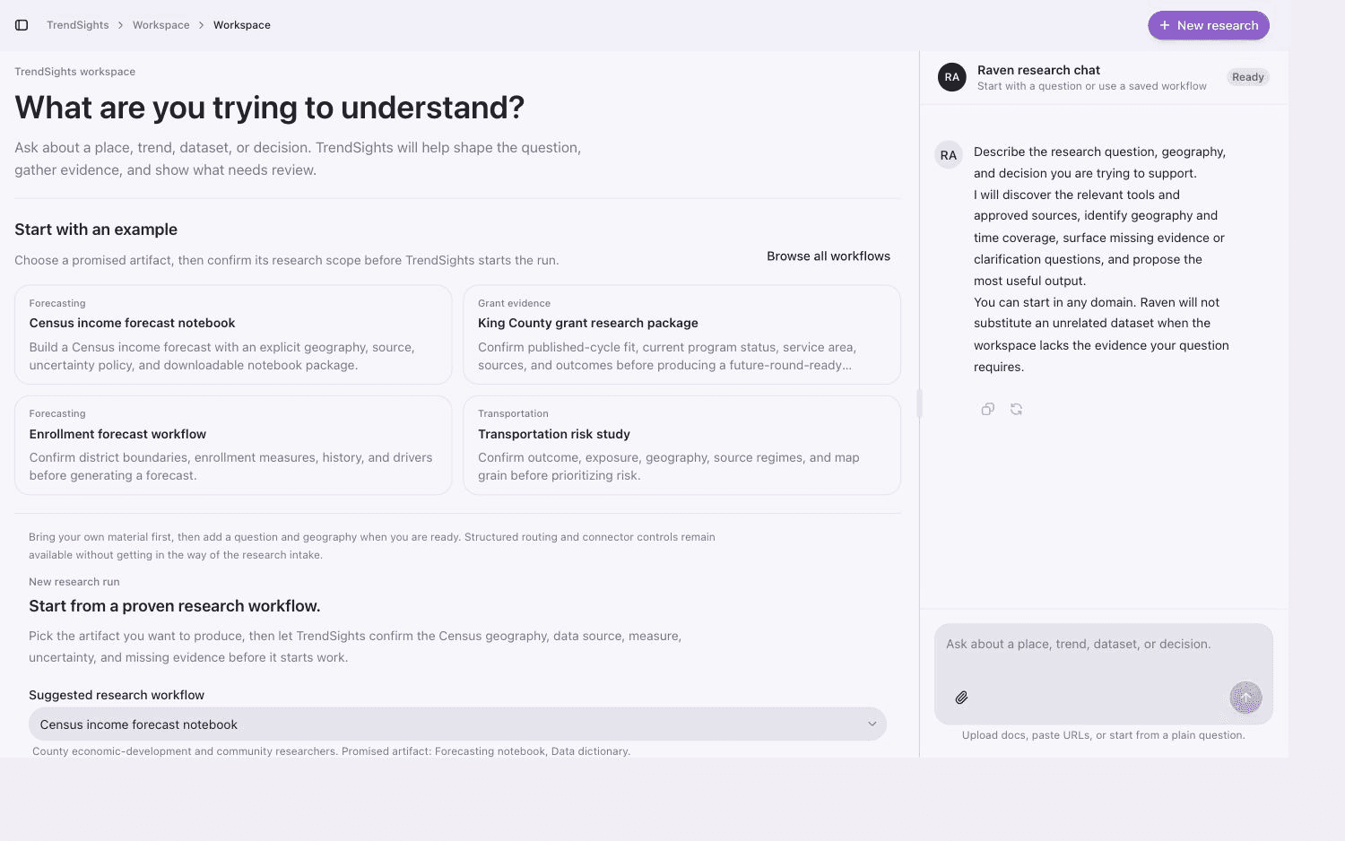 Live TrendSights workspace with research workflow cards, scoping prompts, and the Raven research chat