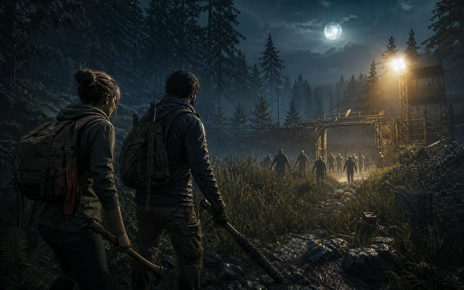 ZombieRidge concept artwork showing two survivors approaching a moonlit ridge outpost