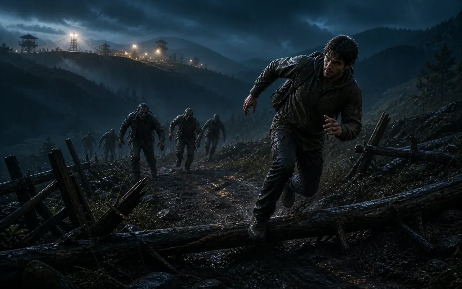 ZombieRidge concept artwork showing a survivor running a moonlit ridge obstacle course