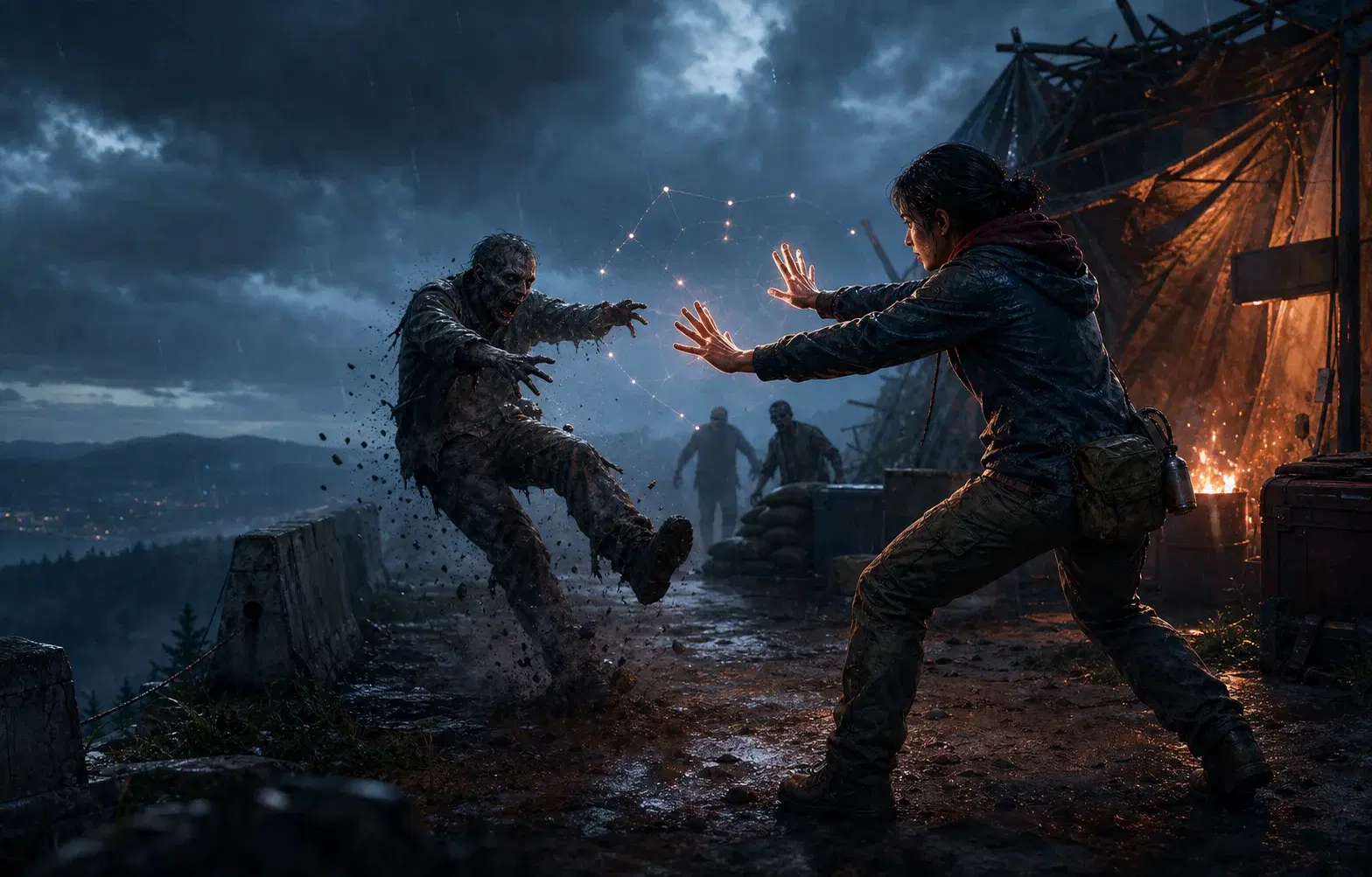ZombieRidge concept artwork showing a survivor using a hand gesture against a zombie