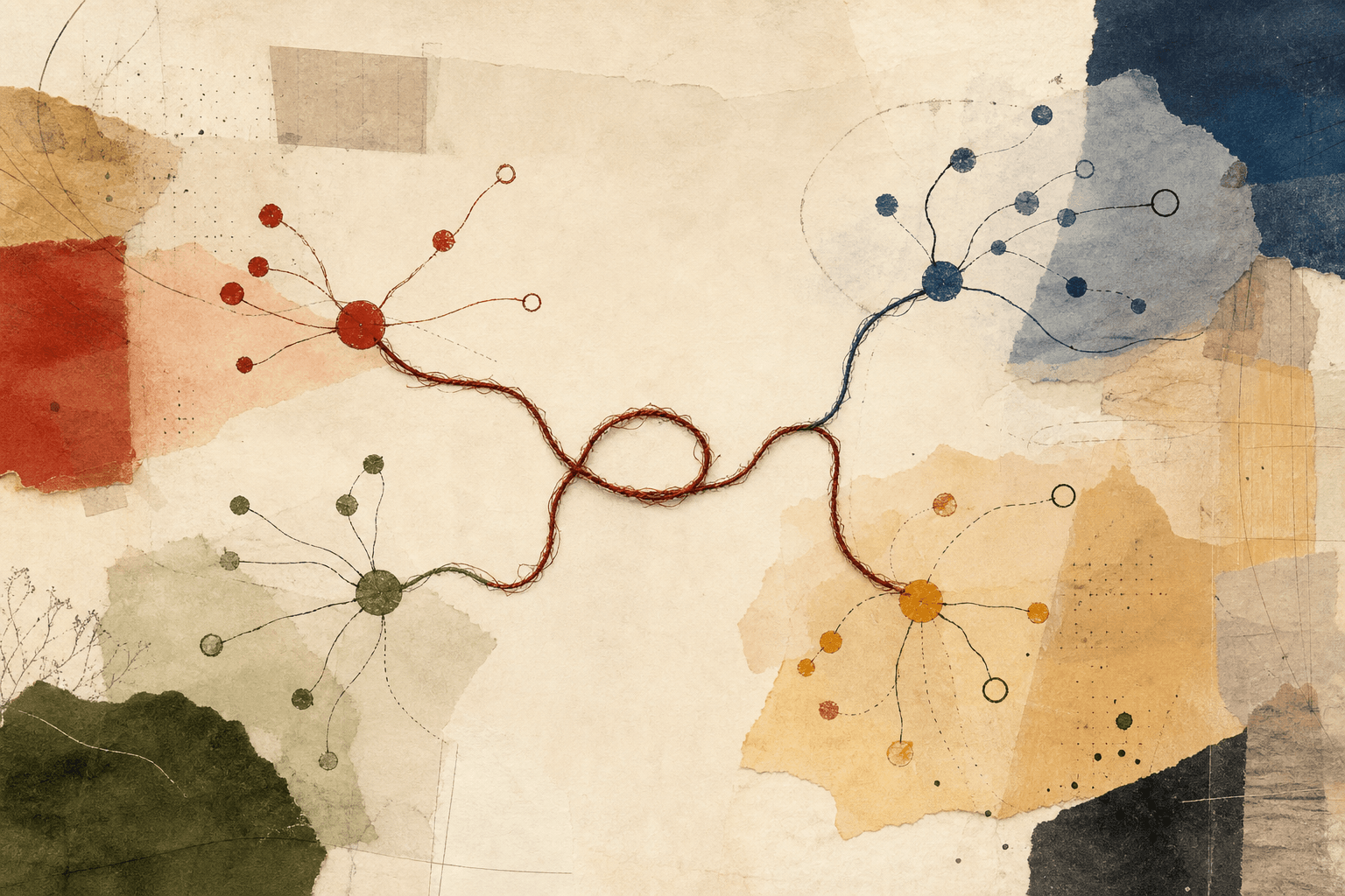xListener editorial artwork with branching threads across blue, rust, and cream paper