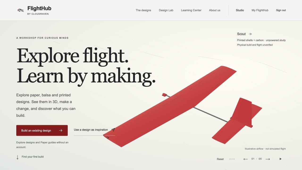 Live FlightHub application with its interactive Scout 3D model and entry points for building an existing design or using a design as inspiration
