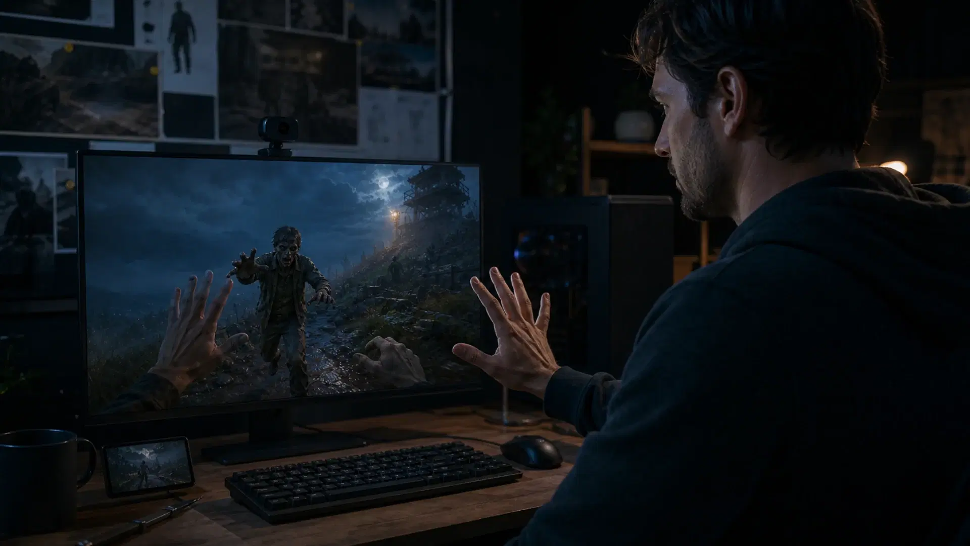 Concept artwork showing a player using open-hand and head movement with a webcam-equipped ZombieRidge game screen