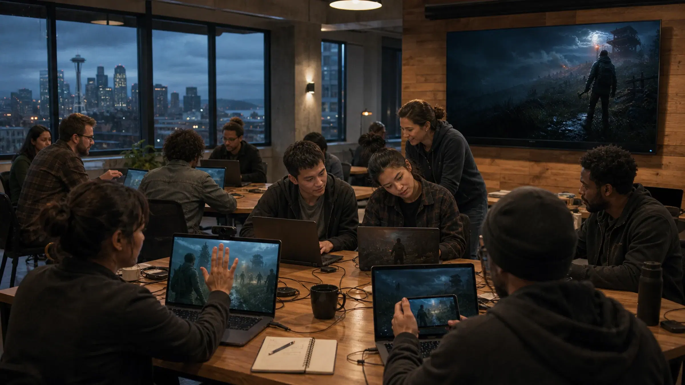 Concept artwork depicting a small Seattle workshop where developers test controllerless ZombieRidge mechanics