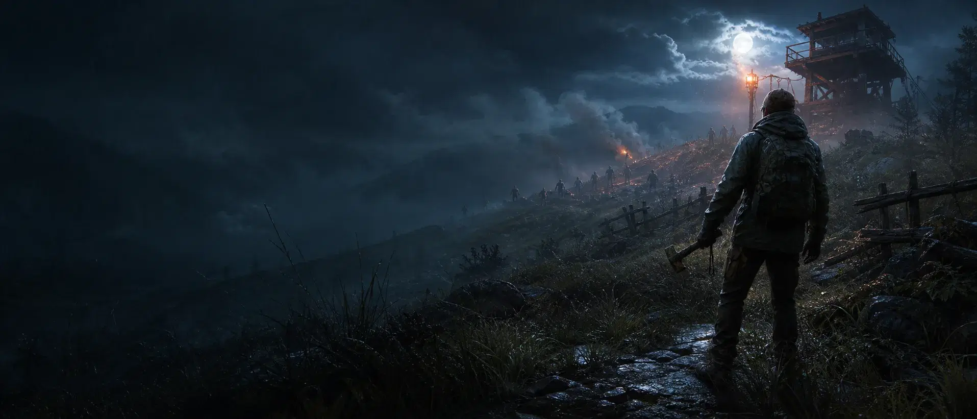 ZombieRidge concept artwork showing a survivor facing a moonlit ridge